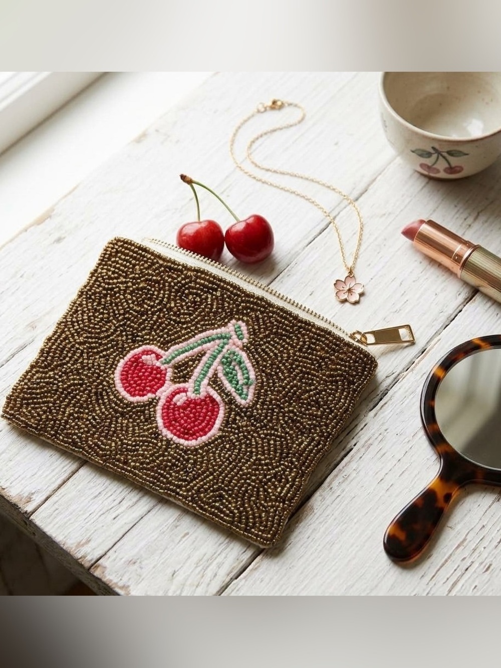 Handmade Beaded Cherry Coin Pouch/Purse